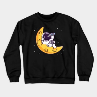 Cute Astronaut Looking Star With Binoculars Cartoon Crewneck Sweatshirt